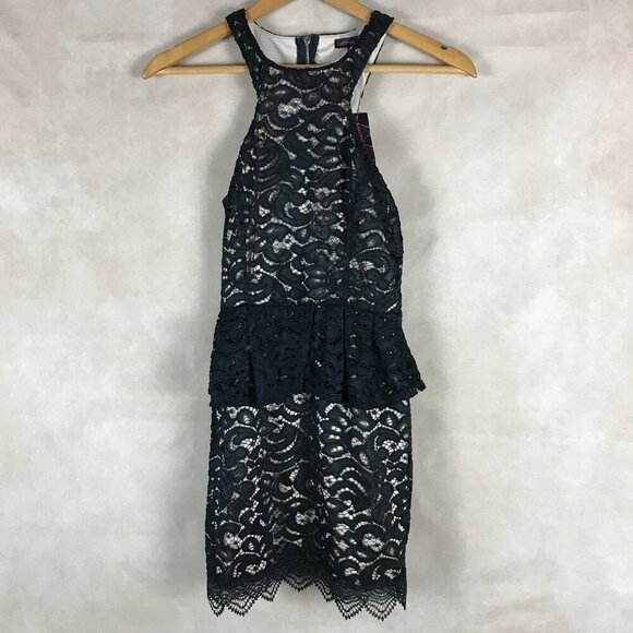 Material Girl Black/Tan Peplum Lace Bodycon Dress NWT XS - Picture 2 of 7
